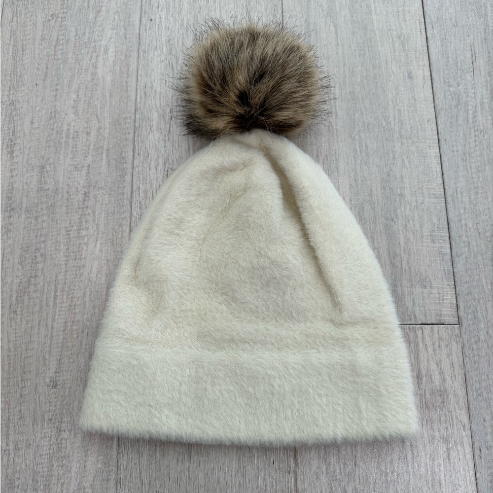 Urban Outfitters Ivory Beanie with Faux Fur Pom